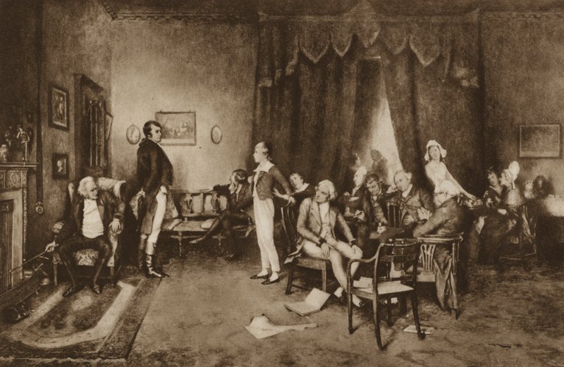 Setkání Roberta Burnse a sira Waltera Scotta, Edinburgh (litho) od Charles Martin (after) Hardie