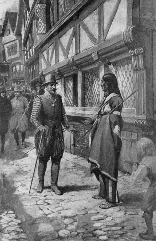 Kapitán John Smith se při procházce po The Strand v Londýně (litho) setkává s přítelem z Rudých Indiánů z Virginie. od Charles Mills (after) Sheldon