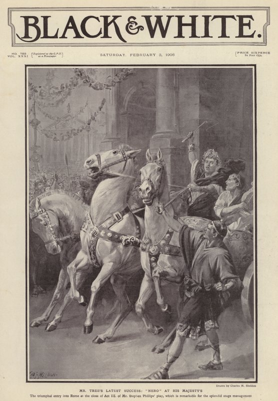 Anglický herec Herbert Beerbohm Tree v hlavní roli v inscenaci hry Stephena Phillipse Nero v divadle Jeho Veličenstva v Londýně (litho) od Charles Mills (after) Sheldon