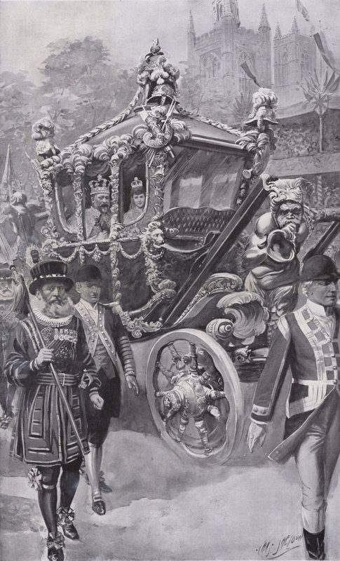Král Edward VII a královna Alexandra v State Coach vracející se z korunovace ve Westminsterském opatství v Londýně od Charles Mills (after) Sheldon