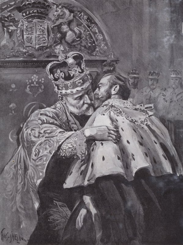 Král Edward VII objímá svého syna, prince z Walesu, na královské korunovaci, Westminster Abbey, Londýn od Charles Mills (after) Sheldon
