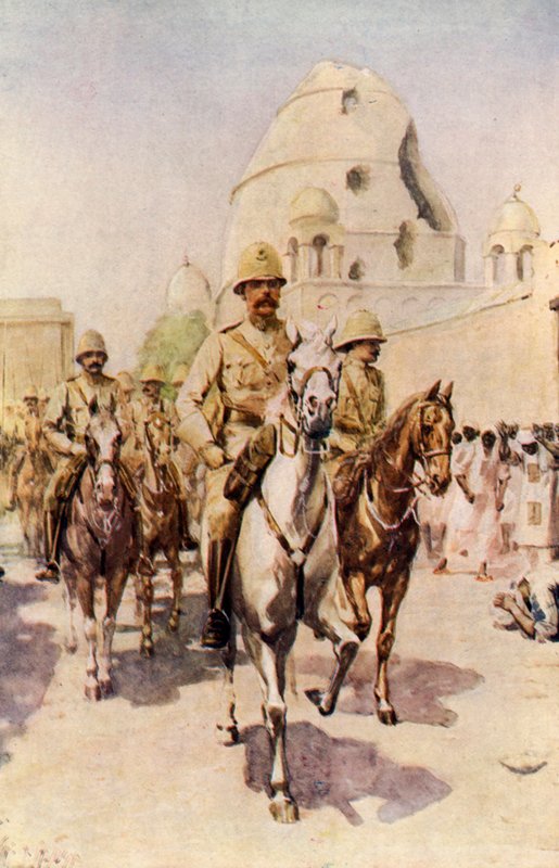 Lord Kitchener vjíždí po bitvě do Omdurmánu (barevná litografie) od Charles Mills (after) Sheldon