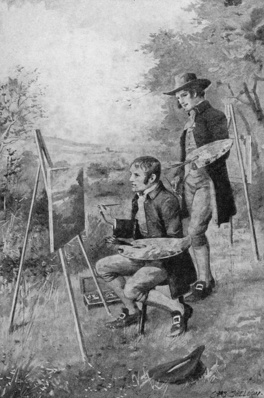 Vesnický instalatér pomáhá mladému Johnu Constableovi malovat scénu v Suffolku (litho) od Charles Mills (after) Sheldon