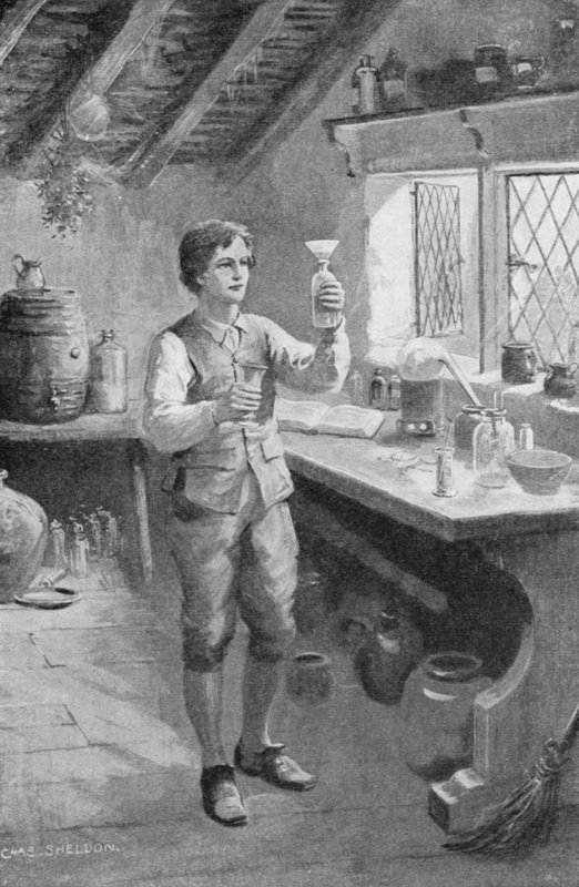 Mladý Humphry Davy provádějící své první experimenty (litho) od Charles Mills (after) Sheldon
