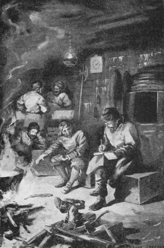 William Barents píše svůj deník, zatímco tráví zimu v chatě na Nové Zembla (litho) od Charles Mills (after) Sheldon