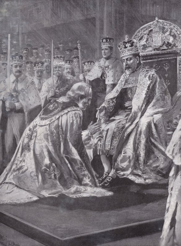 Pocta arcibiskupa z Canterbury při korunovaci krále Edwarda VII., Westminster Abbey, Londýn, 1902 od Charles Mills after Sheldon