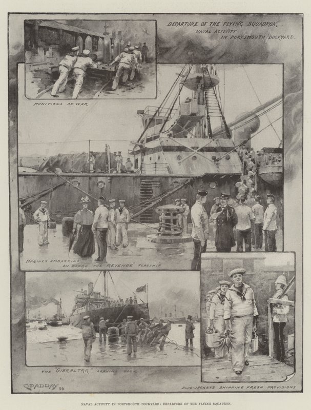 Námořní činnost v Portsmouthské loděnici, odjezd létající eskadry (litografie) od Charles Murray (after) Padday