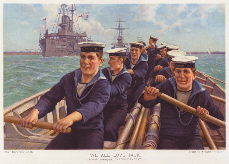 Námořníci z HMS Triumph veslují v přístavu (barevná litografie) od Charles Murray (after) Padday