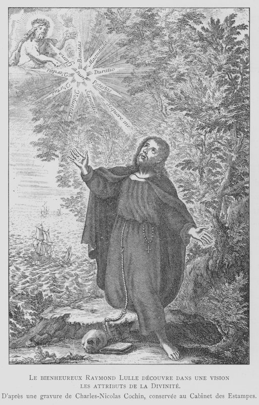 Španělský filozof Ramon Llull objevující atributy božství ve vizi (litho) od Charles Nicolas II (after) Cochin