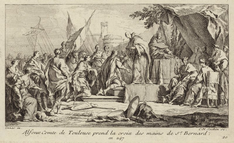Alfons I., hrabě z Toulouse, přebírá kříž z ruky Bernarda z Clairvaux a přísahá, že se připojí ke druhé křížové výpravě od Charles Nicolas II Cochin