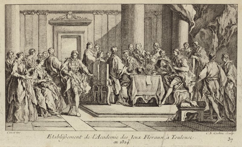 Založení Academie des Jeux Floraux, nejstarší literární společnost v západním světě, Toulouse, Francie od Charles Nicolas II Cochin