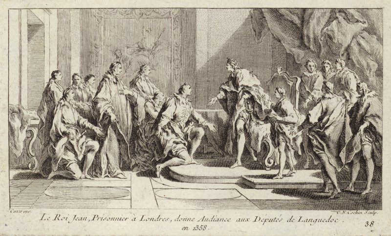 Francouzský král Jan II., vězněný Angličany v Londýně, při audienci zástupců Languedoku. od Charles Nicolas II Cochin