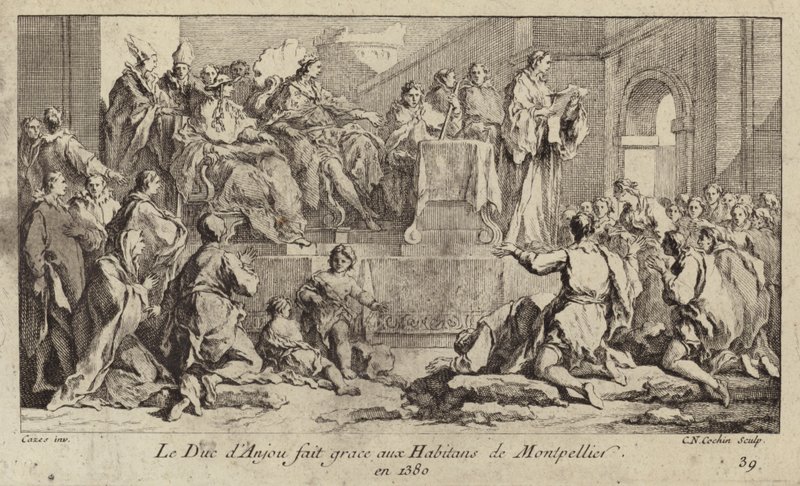 Ludvík I., vévoda z Anjou, regent francouzského krále Karla VI., děkuje lidem z Montpellier od Charles Nicolas II Cochin