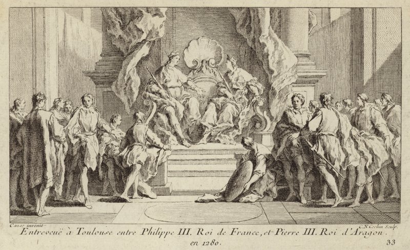Setkání v Toulouse mezi francouzským králem Filipem III. a aragonským králem Petrem III od Charles Nicolas II Cochin