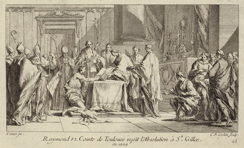 Raymond VI, hrabě z Toulouse, pokořující se v kostele St Gilles, aby byla jeho exkomunikace zrušena od Charles Nicolas II Cochin