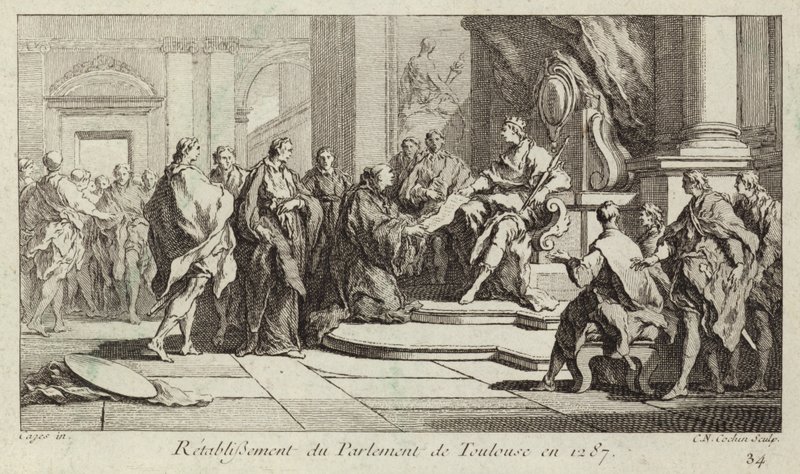 Znovuzřízení parlamentu v Toulouse, Francie od Charles Nicolas II Cochin