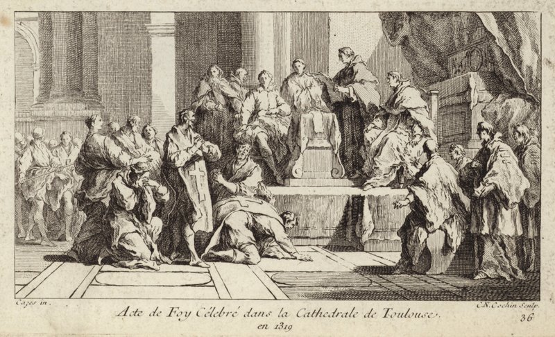 Kataři, kteří se kajícně, deklarují svou víru v katolické náboženství v katedrále v Toulouse ve Francii od Charles Nicolas II Cochin