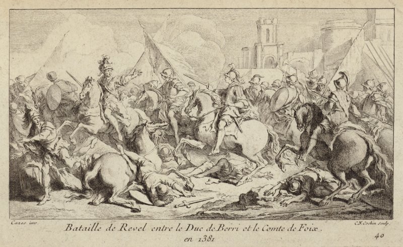 Armády vévody z Berry a hraběte z Foix bojující v bitvě u Revelu ve Francii od Charles Nicolas II Cochin