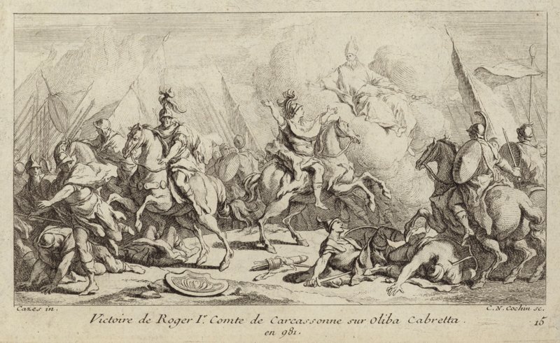 Vítězství Rogera I., hraběte z Carcassonne, nad Oliba Cabreta, 981 (rytina) od Charles Nicolas II Cochin