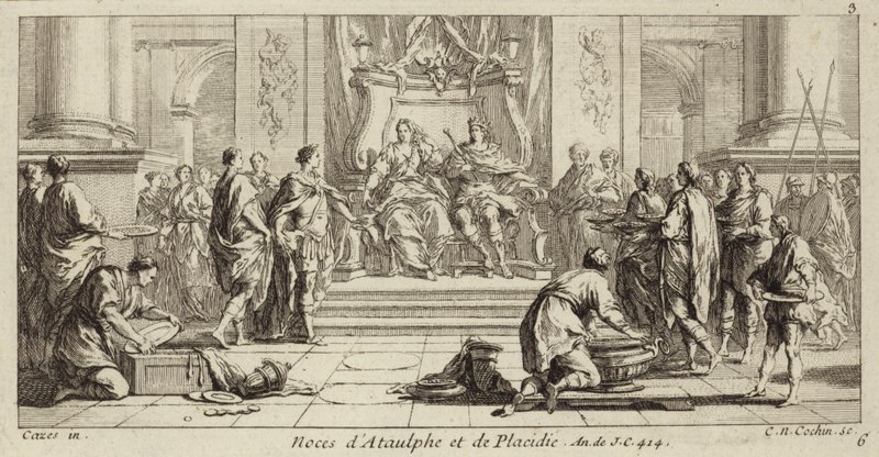 Svatba Gally Placidie a Ataulfa, krále Vizigótů, Narbonne, 414 (rytina) od Charles Nicolas II Cochin