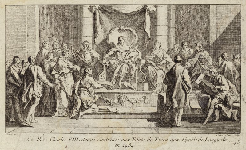 ing Charles VIII z Francie při slyšení zástupců z Languedocu u generálního stavovského úřadu v Tours od Charles Nicolas II Cochin