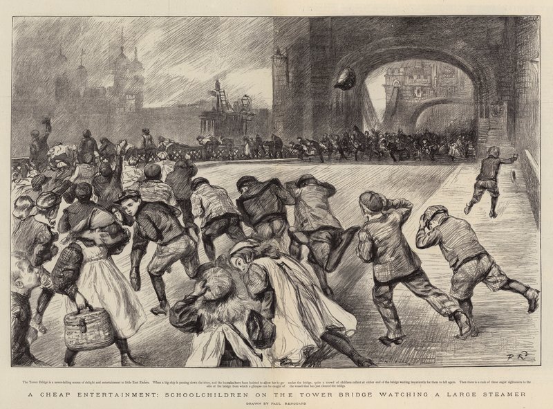 Levná zábava, školáci na Tower Bridge sledují velký parník od Charles Paul Renouard