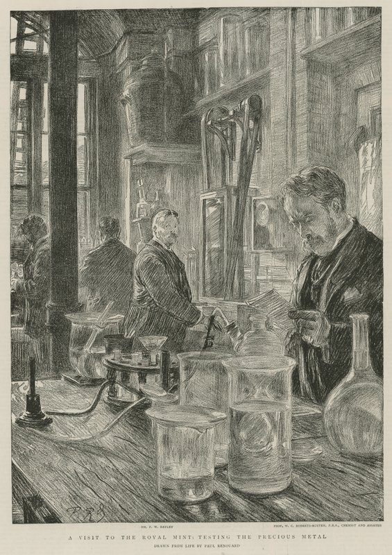 Návštěva královské mincovny; testování drahého kovu (rytina) od Charles Paul Renouard