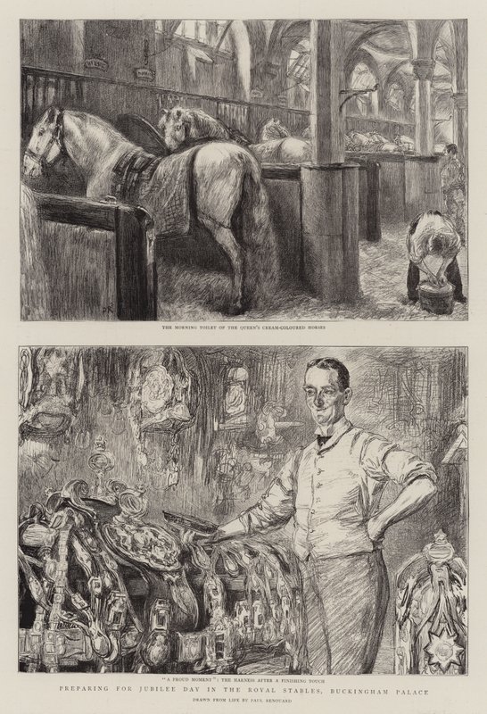 Příprava na jubilejní den v královských stájích, Buckinghamský palác od Charles Paul Renouard