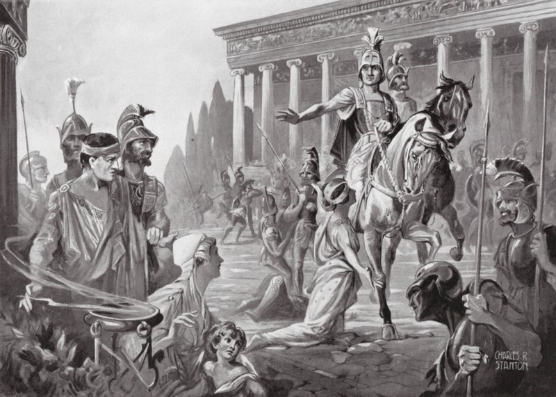 Alexandr při plenění Théb, 335 př. n. l. (litografie) od Charles Rebel Stanton