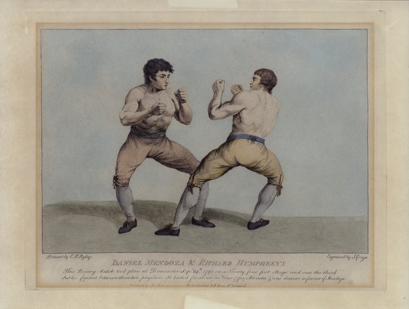 Angličtí vítězové Daniel Mendoza a Richard Humphreys při jejich boxerském zápase dne 29. září 1790 (rytina) od Charles Reuben (after) Ryley