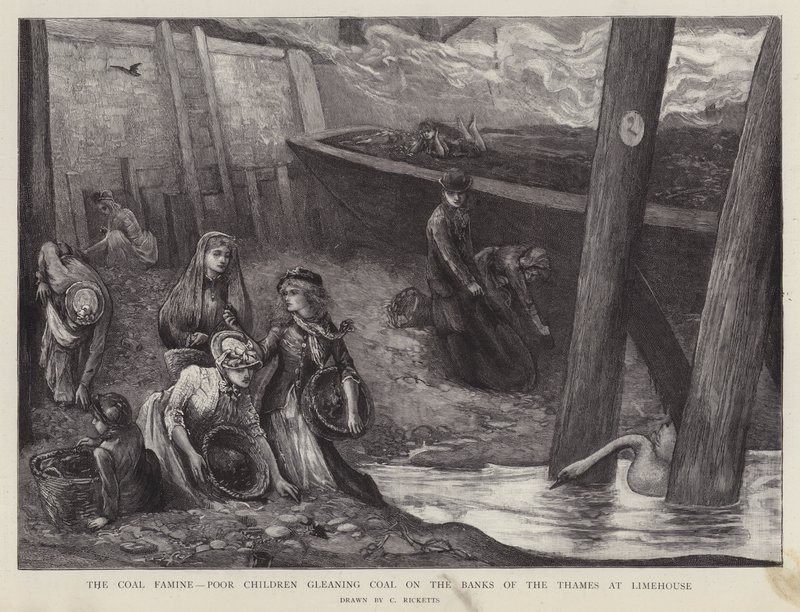 Chudáci děti sbírají kusy uhlí z břehů Temže v Limehouse, Londýn (litho) od Charles Ricketts