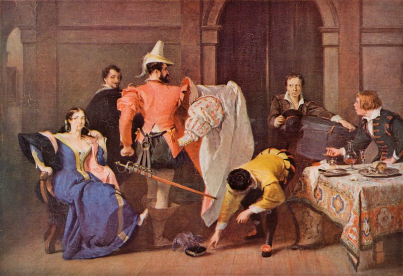 Shakespeare: Katherina a Petruchio, Zkrocení zlé ženy, dějství IV, scéna 3 (barevné lito) od Charles Robert (after) Leslie