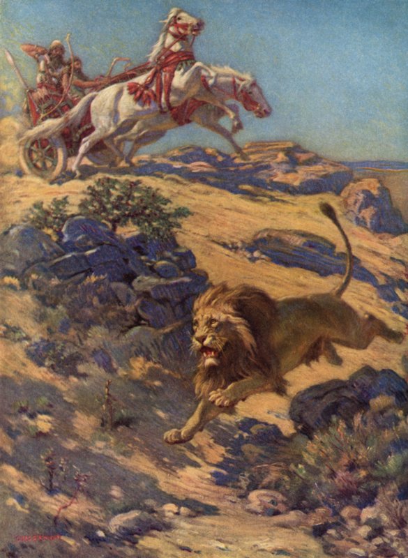 Lov lvů ve staré Asýrii (barevná litografie) od Charles Robert Knight