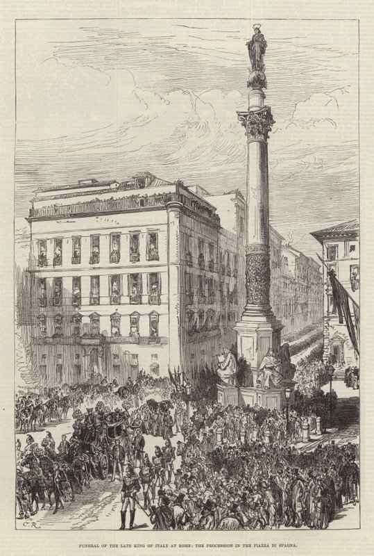 Pohřeb zesnulého krále Itálie v Římě, procesí na náměstí Piazza di Spagna od Sir John Charles Robinson
