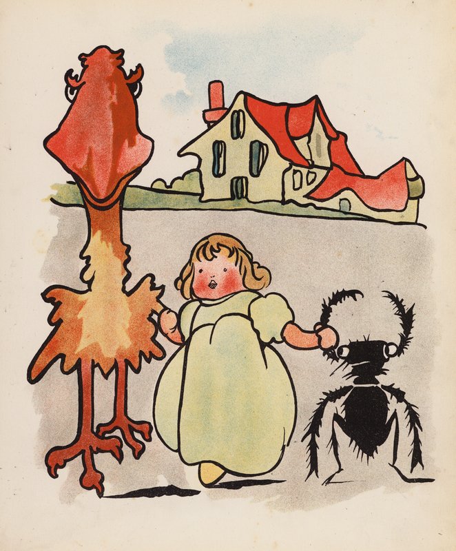 Nesmysl: Dítě, pták a brouk na procházce (barevná litografie) od Charles Robinson