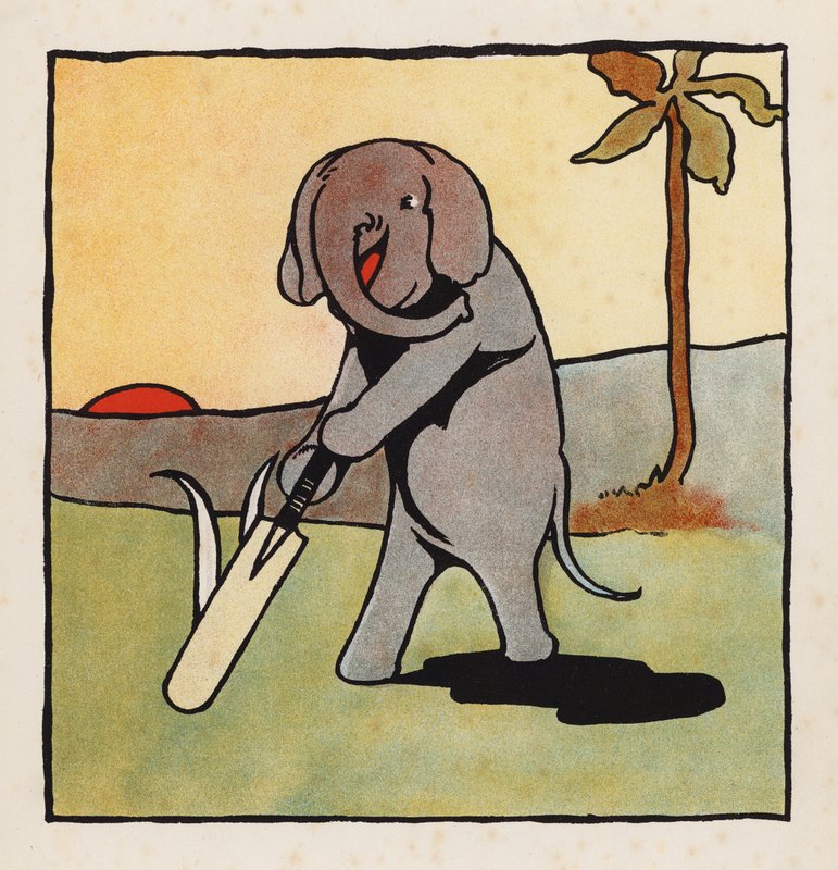 Nesmysl: Slon hrající kriket (barevná litografie) od Charles Robinson