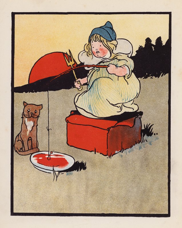 Nesmysl: Kojenec lovící ryby v misce (barevná litografie) od Charles Robinson
