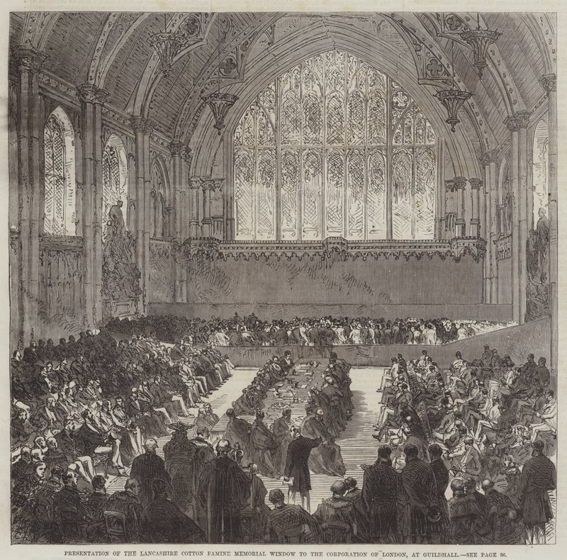 Prezentace okna památníku Lancashire Cotton Famine Memorial Window Corporation of London v Guildhall od Sir John Charles Robinson