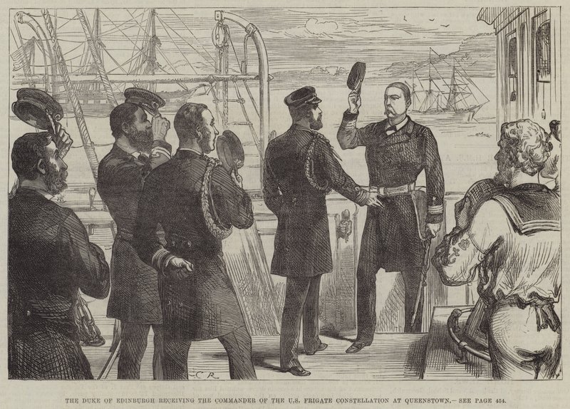 Vévoda z Edinburghu přijímá velitele americké fregaty Constellation v Queenstownu od Sir John Charles Robinson