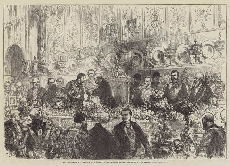 Mezinárodní obecní banket v Mansion House, primátor předávání Loving Cupu od Sir John Charles Robinson