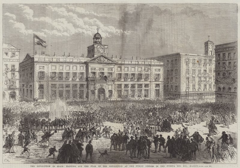 Revoluce ve Španělsku, vyvěšení vlajky revoluce na úřadě na náměstí Puerta del Sol v Madridu. od Sir John Charles Robinson