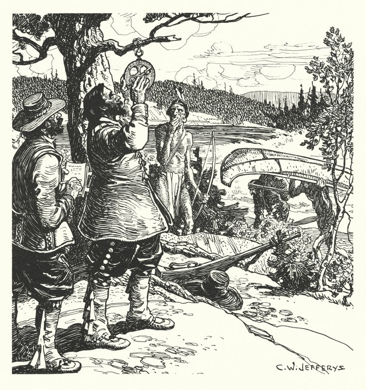 Champlain při pozorování astrolábem na řece Ottawě od Charles William (after) Jefferys