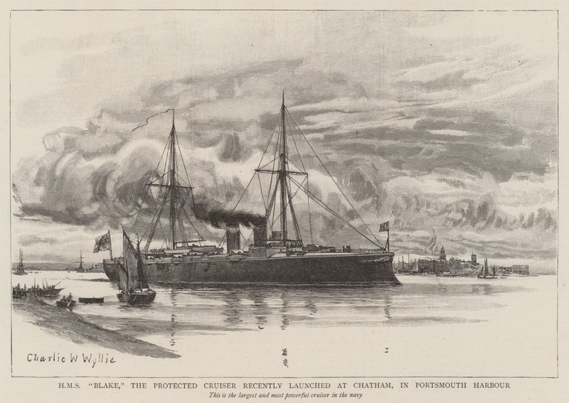 HMS Blake, chráněný křižník nedávno vypuštěný v Chathamu v přístavu Portsmouth od Charles William Wyllie