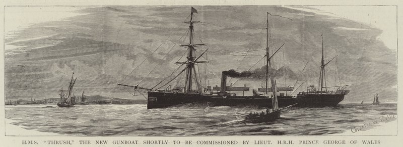 HMS Thrush, nový dělový člun, který bude brzy uveden do provozu poručíkem HRH princem Georgem z Walesu od Charles William Wyllie