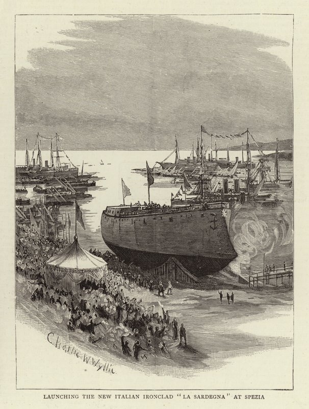 Zahájení provozu Nové italské Ironclad La Sardegna ve Spezii od Charles William Wyllie