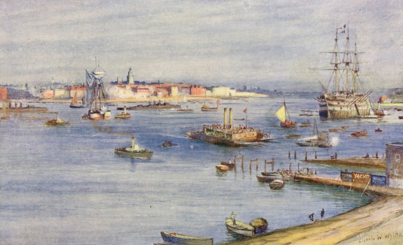Portsmouth, z Gosportu (barevná litografie) od Charles William Wyllie