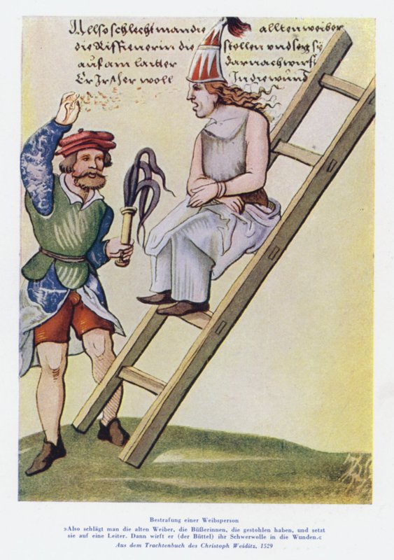 Trest ženy v 16. století (barevné lito) od Christof (after) Weiditz