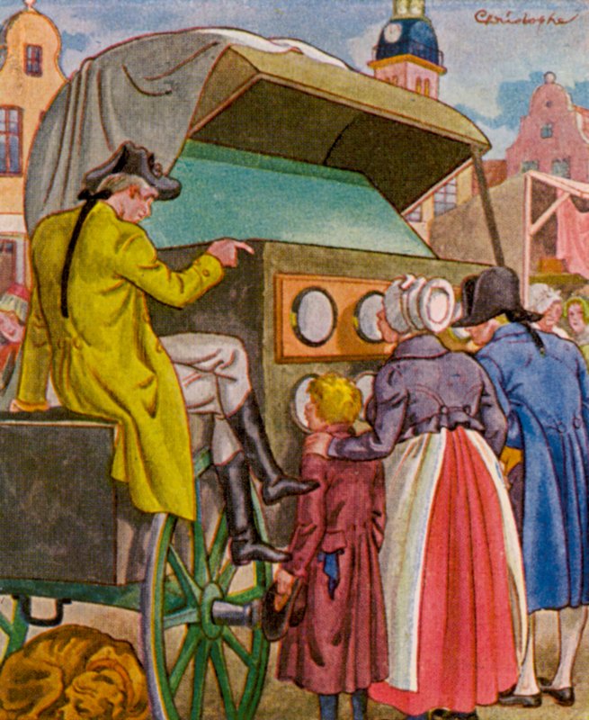 Guckkastenmann / Peep Box Man (barevná litografie) od Christophe (1856 1945)