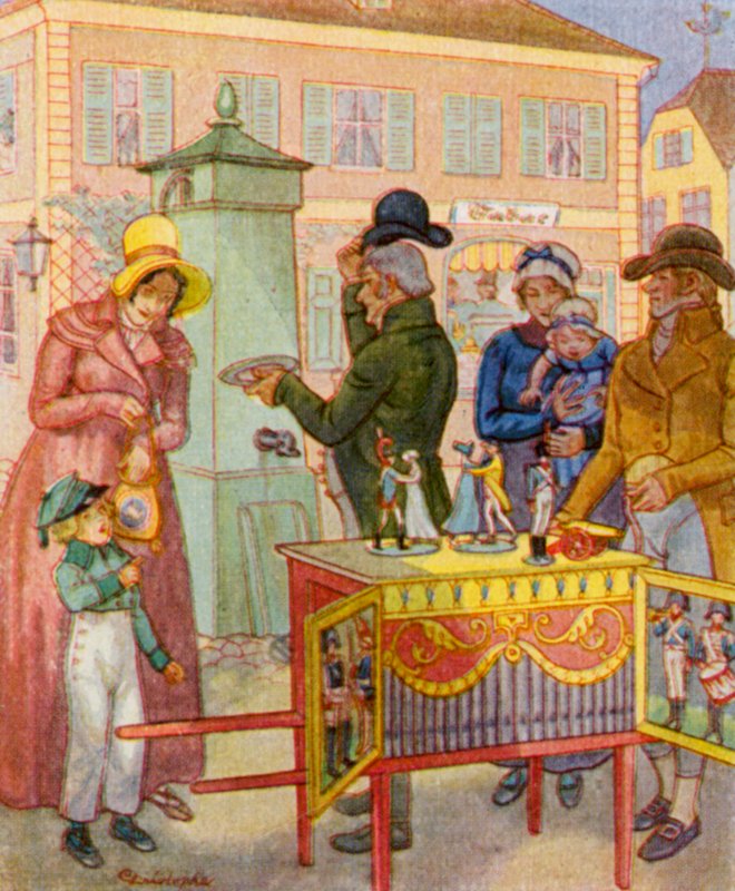 Leierkasten Mit Tanzpuppen / Sudové varhany s tančícími loutkami (barevná litografie) od Christophe (1856 1945)