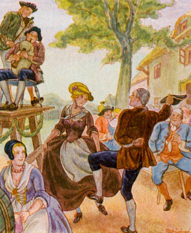 Tanz Unter Der Dorflinde / Tanec pod vesnickou lípou (barevná litografie) od Christophe (1856 1945)